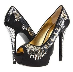 NEW! Nine West Black Satin & Sequin Platform Pump